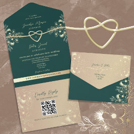 QR Code Emerald Green Gold Wedding オールインワン招待状