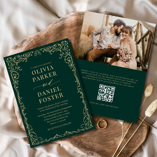 QR Code Emerald Green Photo Minimalist Wedding 招待状