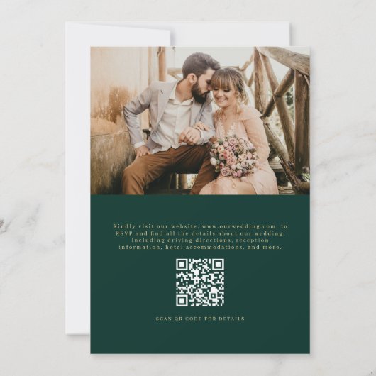 QR Code Emerald Green Photo Minimalist Wedding 招待状 (裏面)