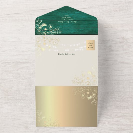 QR Code Emerald Rustic Gold Lights Wedding オールインワン招待状 (外側)