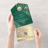 QR Code Emerald Rustic Gold Lights Wedding オールインワン招待状 (貼ってはがせる)