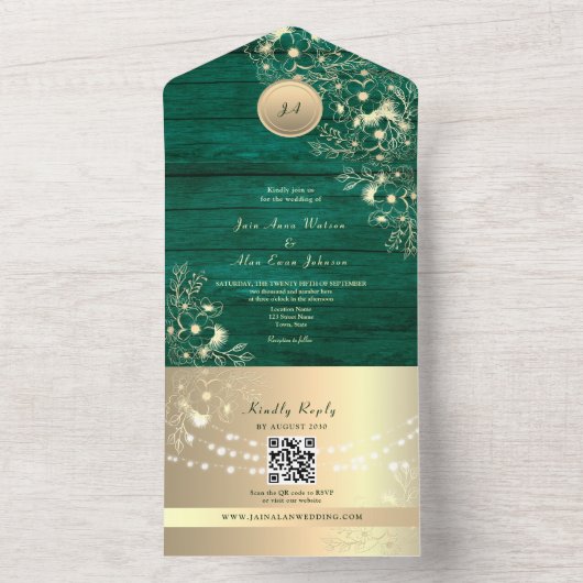 QR Code Emerald Rustic Gold Lights Wedding オールインワン招待状 (内側)