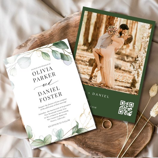 QR Code Eucalyptus Photo Greenery Wedding 招待状