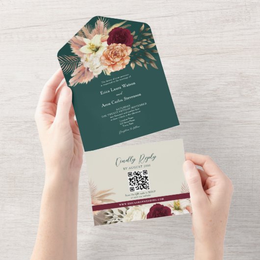 QR Code Fall Floral Wedding オールインワン招待状 (貼ってはがせる)