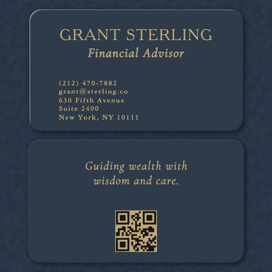 QR Code Financial Advisor Minimal Navy Blue Gold  名刺