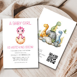 QR Code Girl Dinosaur Hatching Soon Baby Shower 招待状