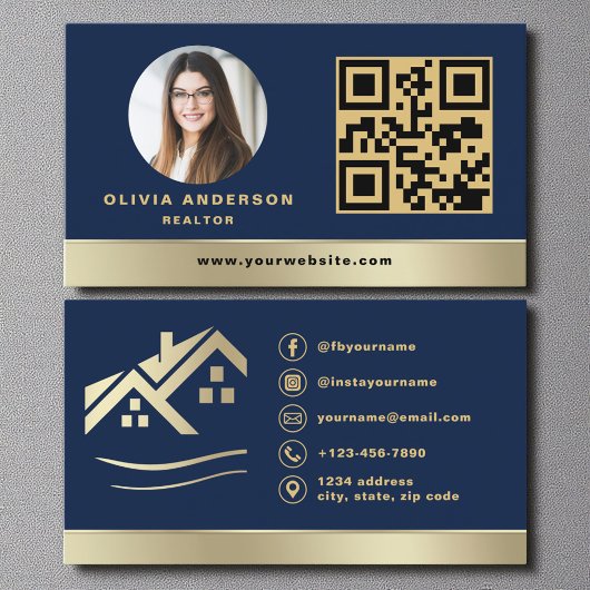 QR Code Gold House Navy Blue Real Estate Realtor 名刺
