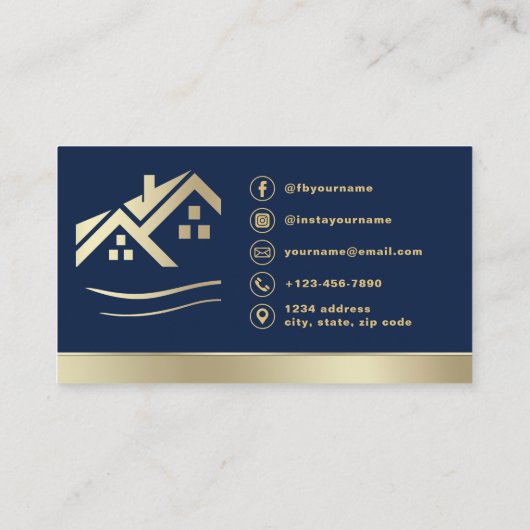 QR Code Gold House Navy Blue Real Estate Realtor 名刺 (裏面)