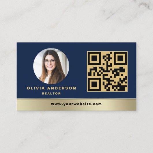 QR Code Gold House Navy Blue Real Estate Realtor 名刺 (正面)