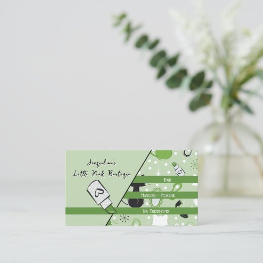 QR Code Green Girly Mid-Century Salon 名刺 (スタンド正面)