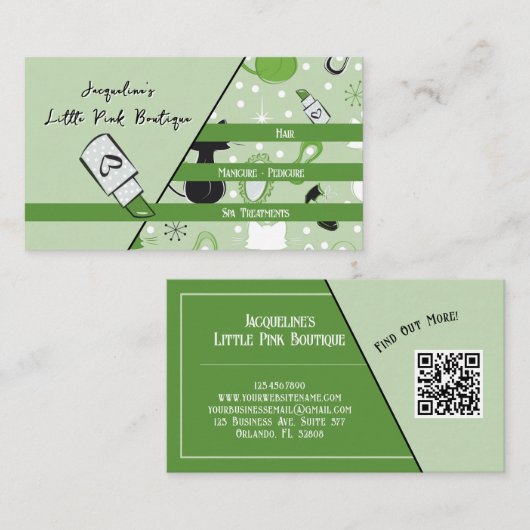 QR Code Green Girly Mid-Century Salon II 名刺 (正面/裏面)
