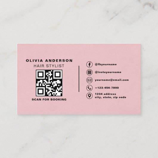QR Code Hair Stylist Pink Suede Typography  名刺 (裏面)