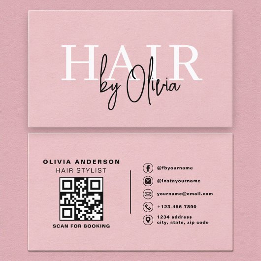 QR Code Hair Stylist Pink Suede Typography  名刺