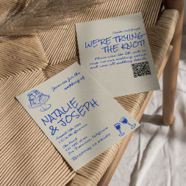 QR Code Hand Drawn Blue Cake Bows Unique Wedding  招待状