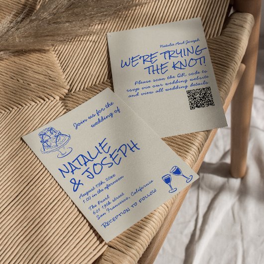 QR Code Hand Drawn Blue Cake Bows Unique Wedding  招待状