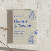 QR Code Hand Drawn Blue Cake Bows Unique Wedding  招待状