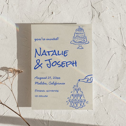 QR Code Hand Drawn Blue Cake Bows Unique Wedding  招待状