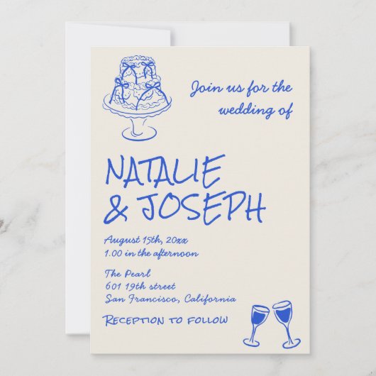 QR Code Hand Drawn Blue Cake Bows Unique Wedding 招待状 (正面)
