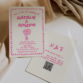 QR Code Hand Drawn Vivid Pink Retro Funky Wedding 招待状