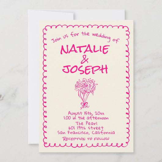 QR Code Hand Drawn Vivid Pink Retro Funky Wedding 招待状 (正面)