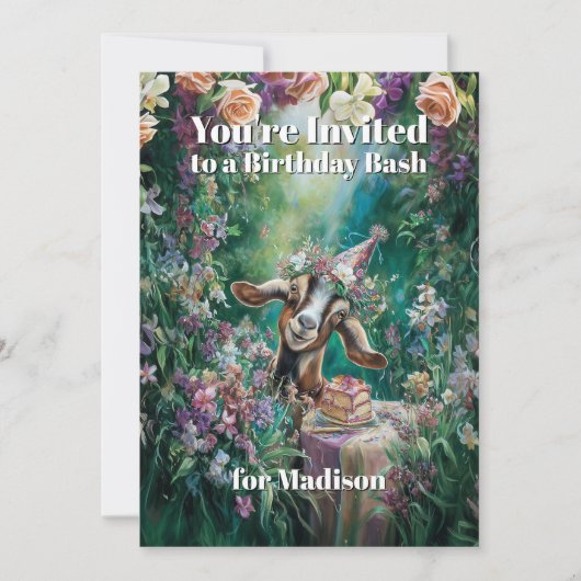 QR code Happy Birthday Nubian Goat Garden Flowers 招待状 (正面)