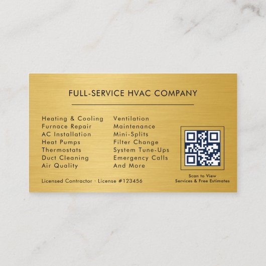 QR Code HVAC Technician Navy Blue Gold 名刺 (裏面)