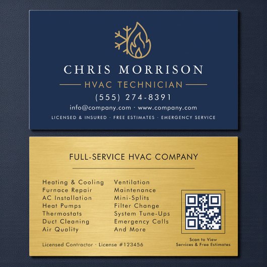QR Code HVAC Technician Navy Blue Gold 名刺