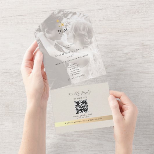 QR Code Ivory Gold Photo Wedding オールインワン招待状 (貼ってはがせる)