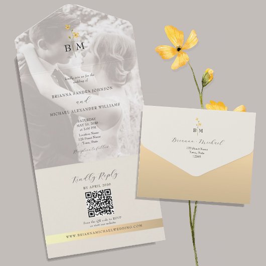 QR Code Ivory Gold Photo Wedding オールインワン招待状