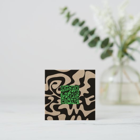 QR Code Kelly Green Retro Groovy Squiggles Kraft スクエア名刺 (スタンド正面)