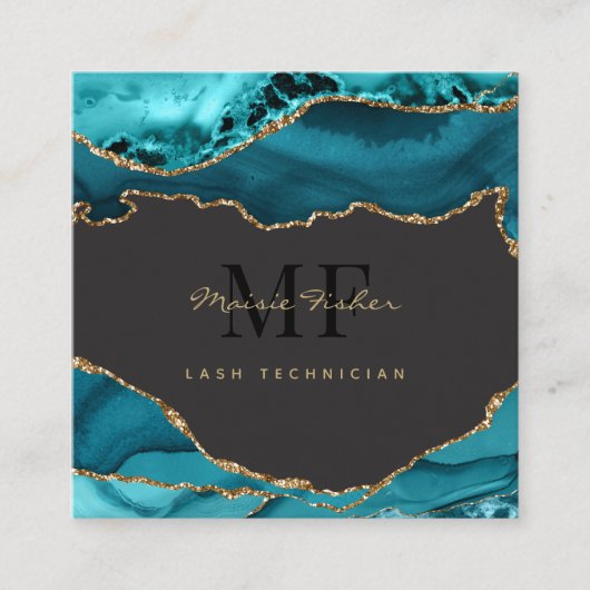 QR Code Lashes Teal Turquoise Gold Agate Monogram スクエア名刺 (正面)