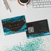 QR Code Lashes Teal Turquoise Gold Agate Monogram 名刺