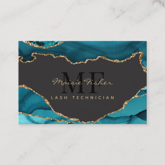 QR Code Lashes Teal Turquoise Gold Agate Monogram 名刺 (正面)