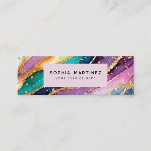 QR Code & Logo Elegant Rainbow Agate gold Glitter  スキニー名刺 (正面)