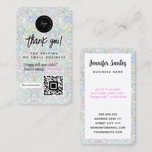 QR Code & Logo Holographic Glitter Thank You 名刺 (正面/裏面)
