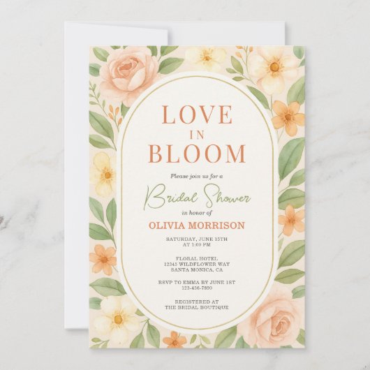 QR Code Love in Bloom Floral Bridal Shower 招待状 (正面)