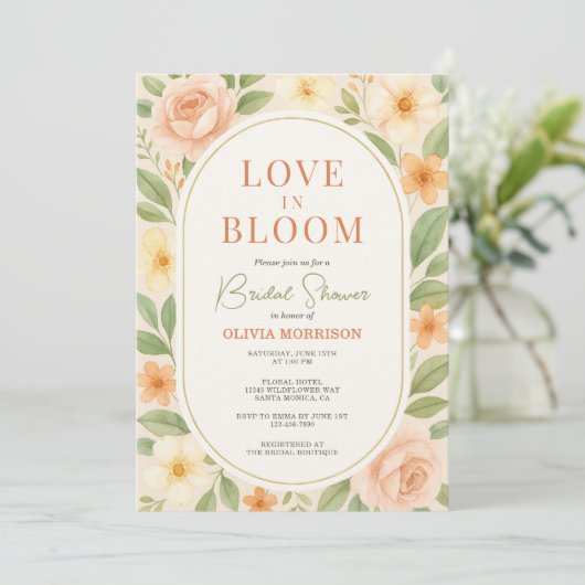 QR Code Love in Bloom Floral Bridal Shower 招待状 (スタンド正面)
