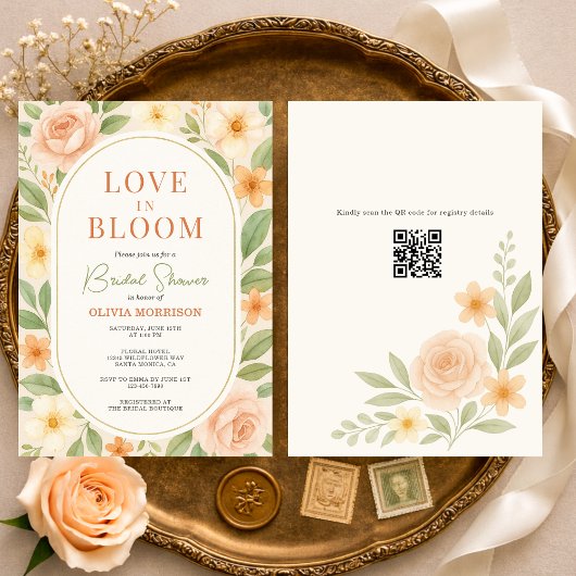 QR Code Love in Bloom Floral Bridal Shower 招待状