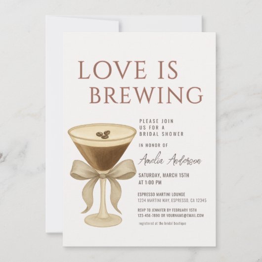 QR Code Love is Brewing Martini Bridal Shower 招待状 (正面)