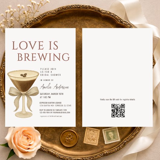 QR Code Love is Brewing Martini Bridal Shower 招待状