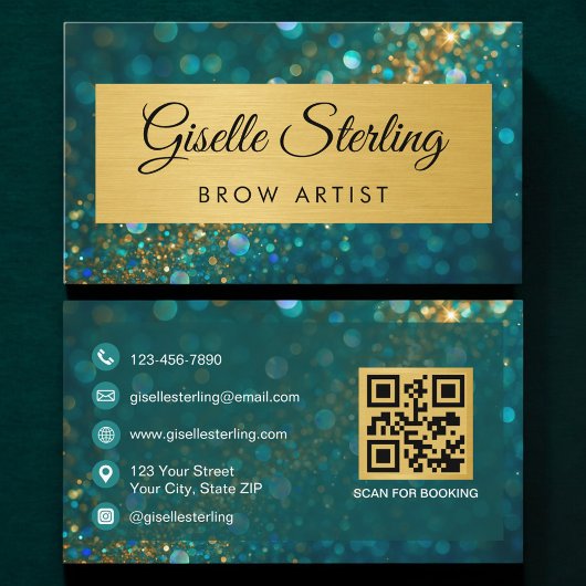 QR Code Luxury Brow Artist Gold Teal Glitter  名刺