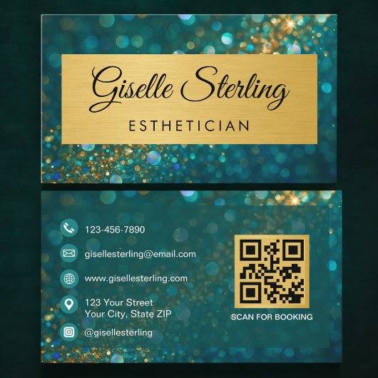 QR Code Luxury Esthetician Gold Teal Glitter  名刺