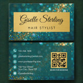 QR Code Luxury Hair Stylist Gold Teal Glitter  名刺