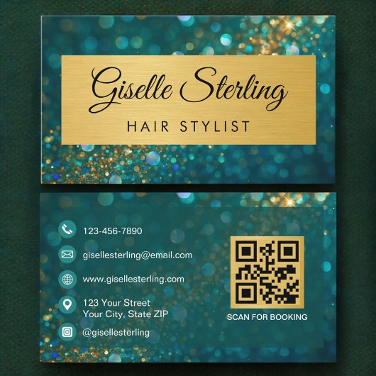 QR Code Luxury Hair Stylist Gold Teal Glitter  名刺