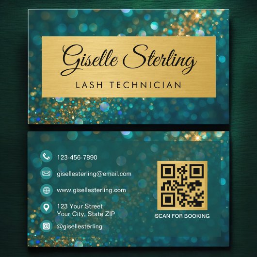 QR Code Luxury Lash Technician Gold Teal Glitter  名刺