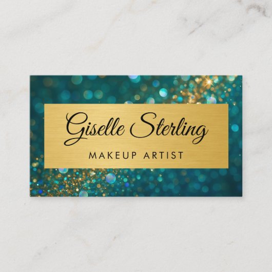 QR Code Luxury Makeup Artist Gold Teal Glitter  名刺 (正面)
