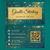 QR Code Luxury Makeup Artist Gold Teal Glitter  名刺