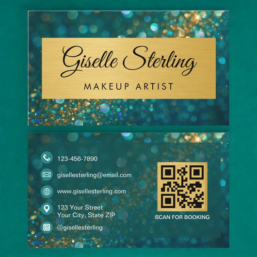 QR Code Luxury Makeup Artist Gold Teal Glitter  名刺