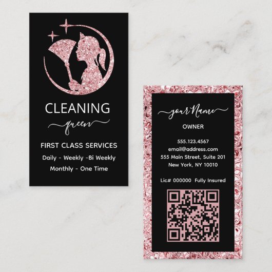 QR code Maid Rose Pink Cleaning Service 名刺 (正面/裏面)