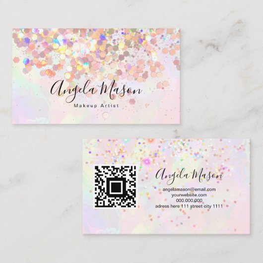 QR Code Marbled Makeup Artist Holographic Glitter 名刺 (正面/裏面)